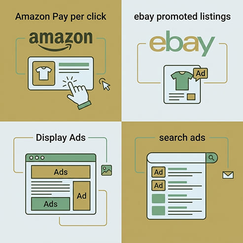 2×2 grid: Amazon Pay per click, eBay promoted listings, Display Ads, and search ads