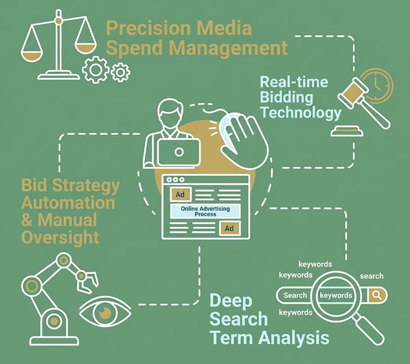 Diagram of the online advertising process: precision media spend, real-time bidding, bid strategy automation, and search term analysis.