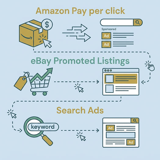 Amazon Pay per click, eBay Promoted Listings, and Search Ads — dashed journey infographic