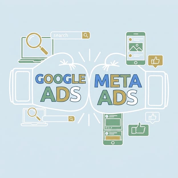 Illustration: Google Ads boxing glove versus Meta Ads, with search and social icons