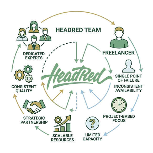 Comparison: HeadRed agency strengths versus typical freelance PPC limitations.