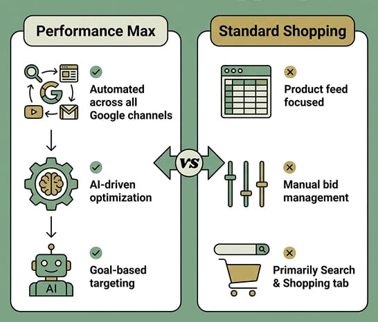 Comparison: Performance Max versus Standard Shopping campaigns