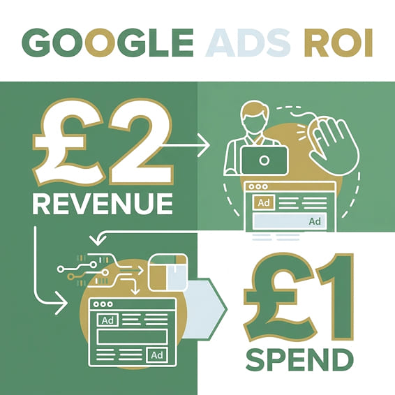 GOOGLE ADS ROI: £2 revenue for £1 spend — journey icons and arrows